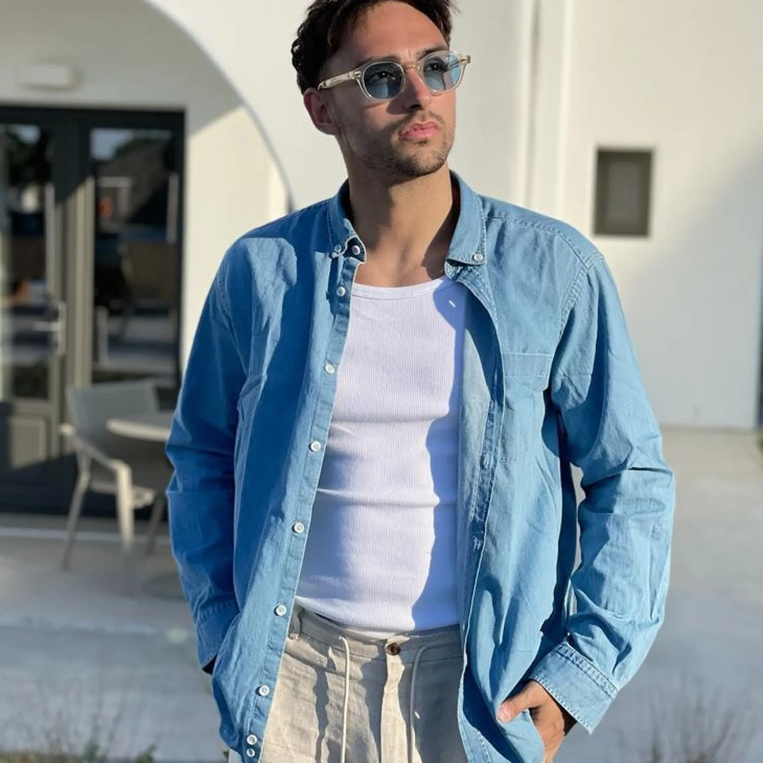 Chemise coupe classique en jean clair*LodinG Clearance